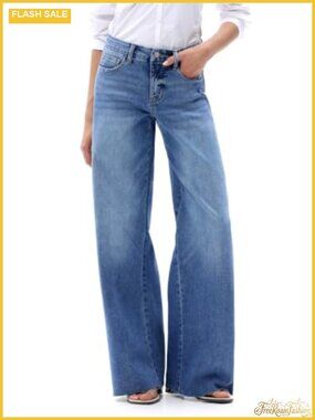 Women's Wide Leg Mid Rise Jeans High Stretch Denim Raw Hem